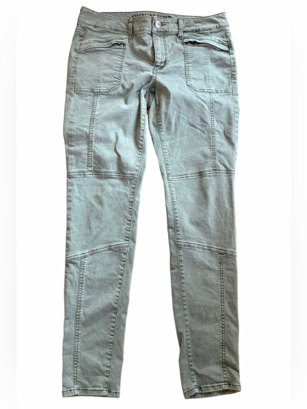 American Eagle Sage Green Utility Skinny Pants Size 8 Stretch Moto Zip Pocket